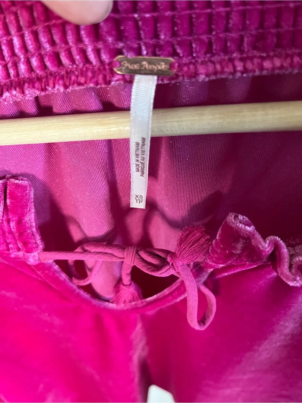 Free People Fuchsia Pink Velvet Smocked Tie Neck Puff Sleeve Top XS OB1585260